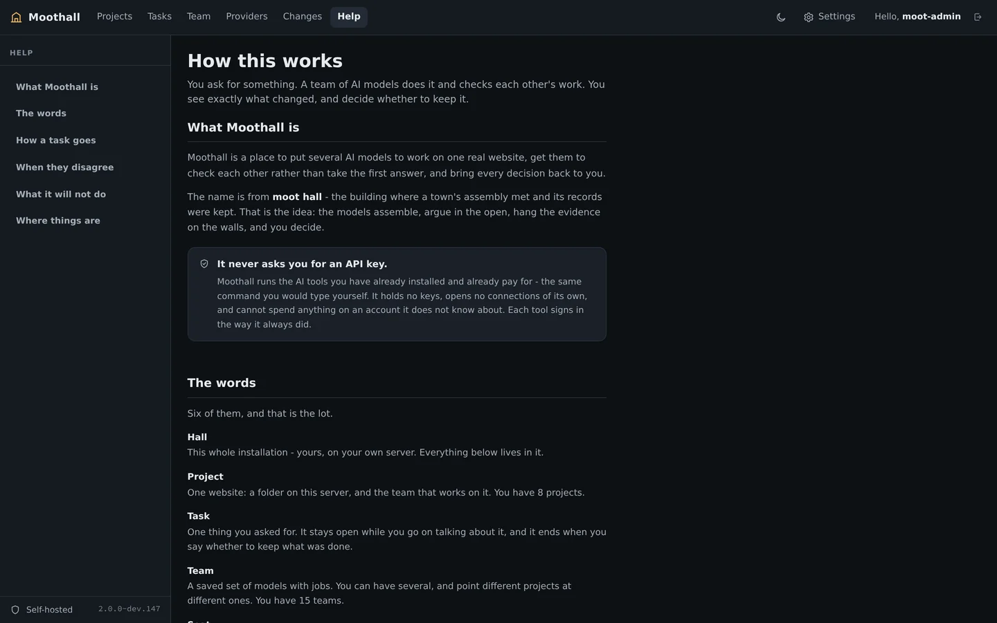 The Help page, written in plain language for someone who has never run an agent before.